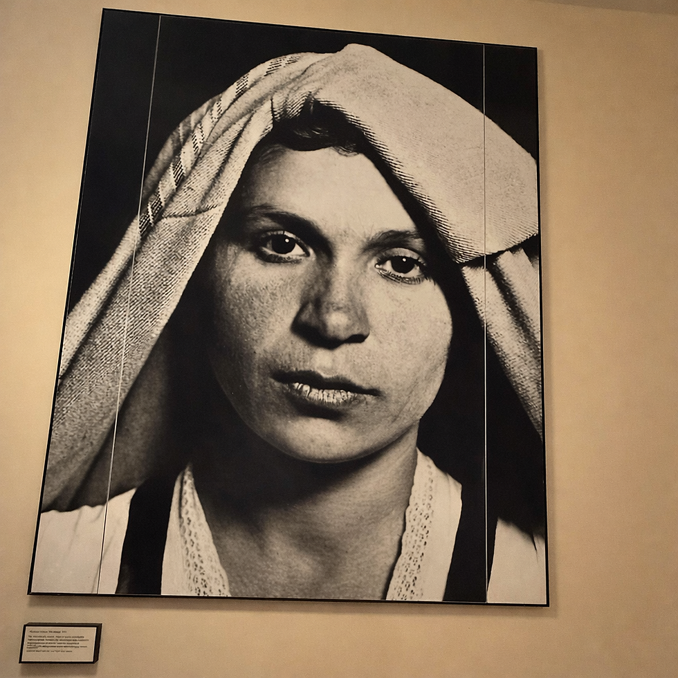 An Arbëresh woman pictured on Ellis Island in 1905. The photographer noted that the recent arrival donned “her native costume” on an “island [that] looked like a costume hall with the multicolored, many-styled national costumes.” The portrait is featured in the hallways of the Ellis Island National Museum of Immigration, where it was captured by the author on March 24, 2026.