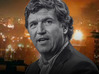 Former Fox News pundit Tucker Carlson against a backdrop of a scene from the NATO intervention at the twilight of the Yugoslav Wars in the 1990s.