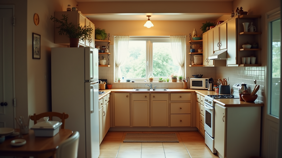 Wide-angle view of a senior's cozy kitchen