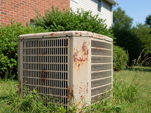 Aging outdoor HVAC condenser unit with rust and wear beside a Middle Tennessee home — HVAC home inspection Nashville