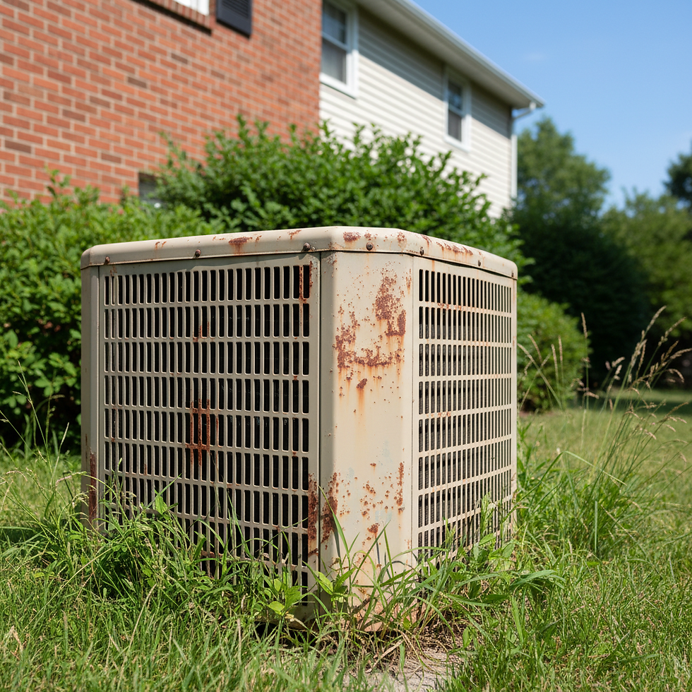Aging outdoor HVAC condenser unit with rust and wear beside a Middle Tennessee home — HVAC home inspection Nashville