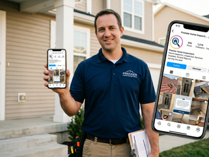 Home inspector looking at their business social media page on a smartphone