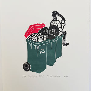 bin chicken, habitat city, rubbish bin, linocut