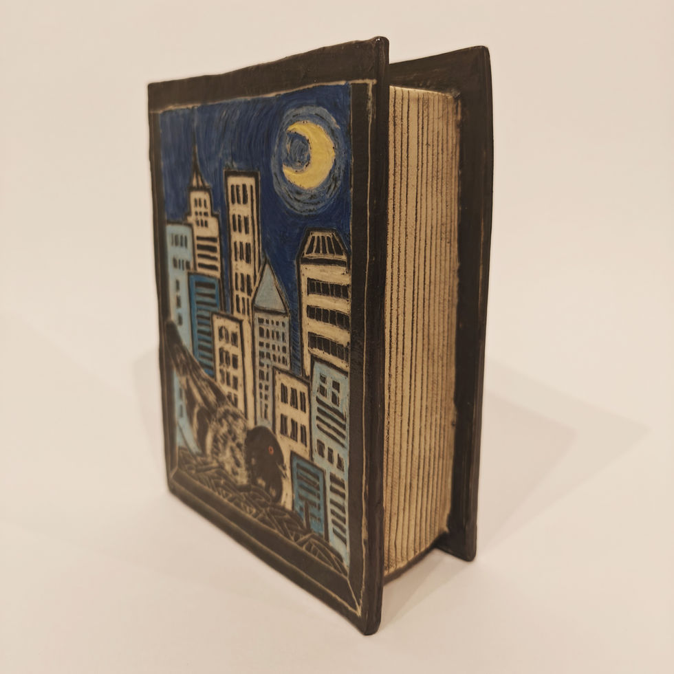 Ceramic book vase, city life, rock pigeon, sgraffito, underglaze