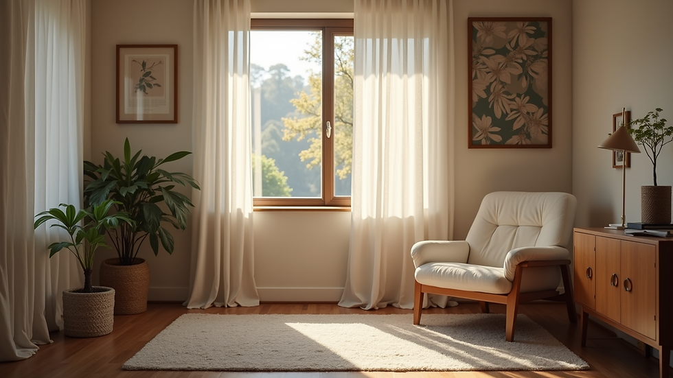 Eye-level view of a cozy living room with a comfortable chair and soft lighting