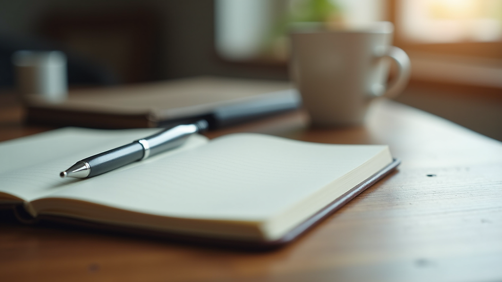 Close-up view of a notebook and pen on a table, ready for journaling or note-taking