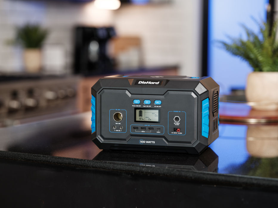 DieHard 500W Portable Power Station sitting on a kitchen counter