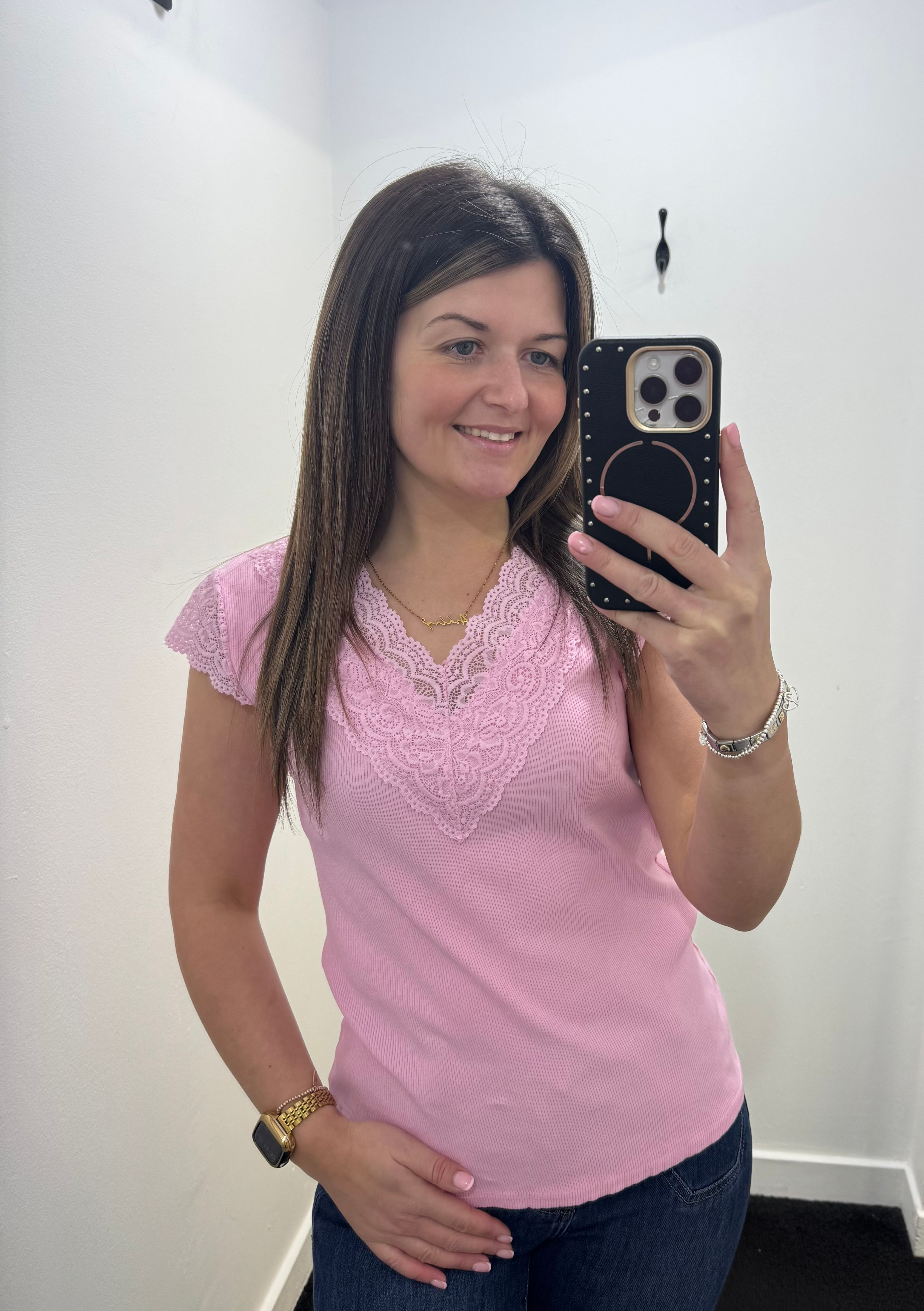 Boutique Pink Lace Trim Top