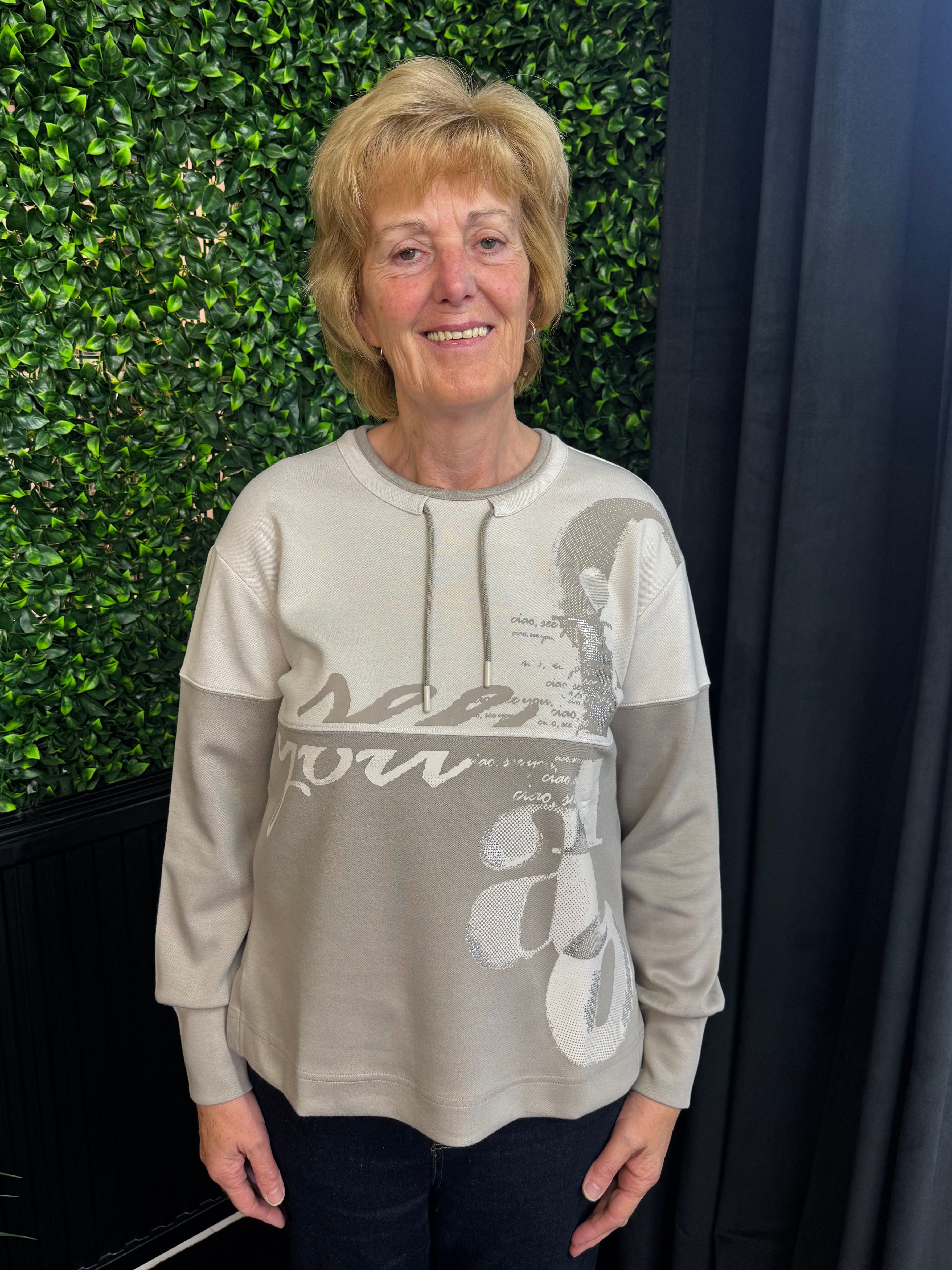 Barbara Lebek 1648 Taupe Tie Neck Sweatshirt