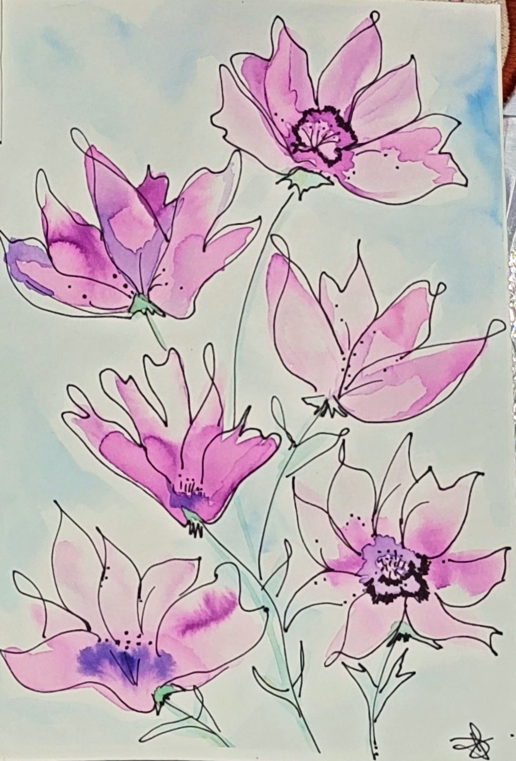 Fuschia Wildflower Watercolor Sketch Painting II