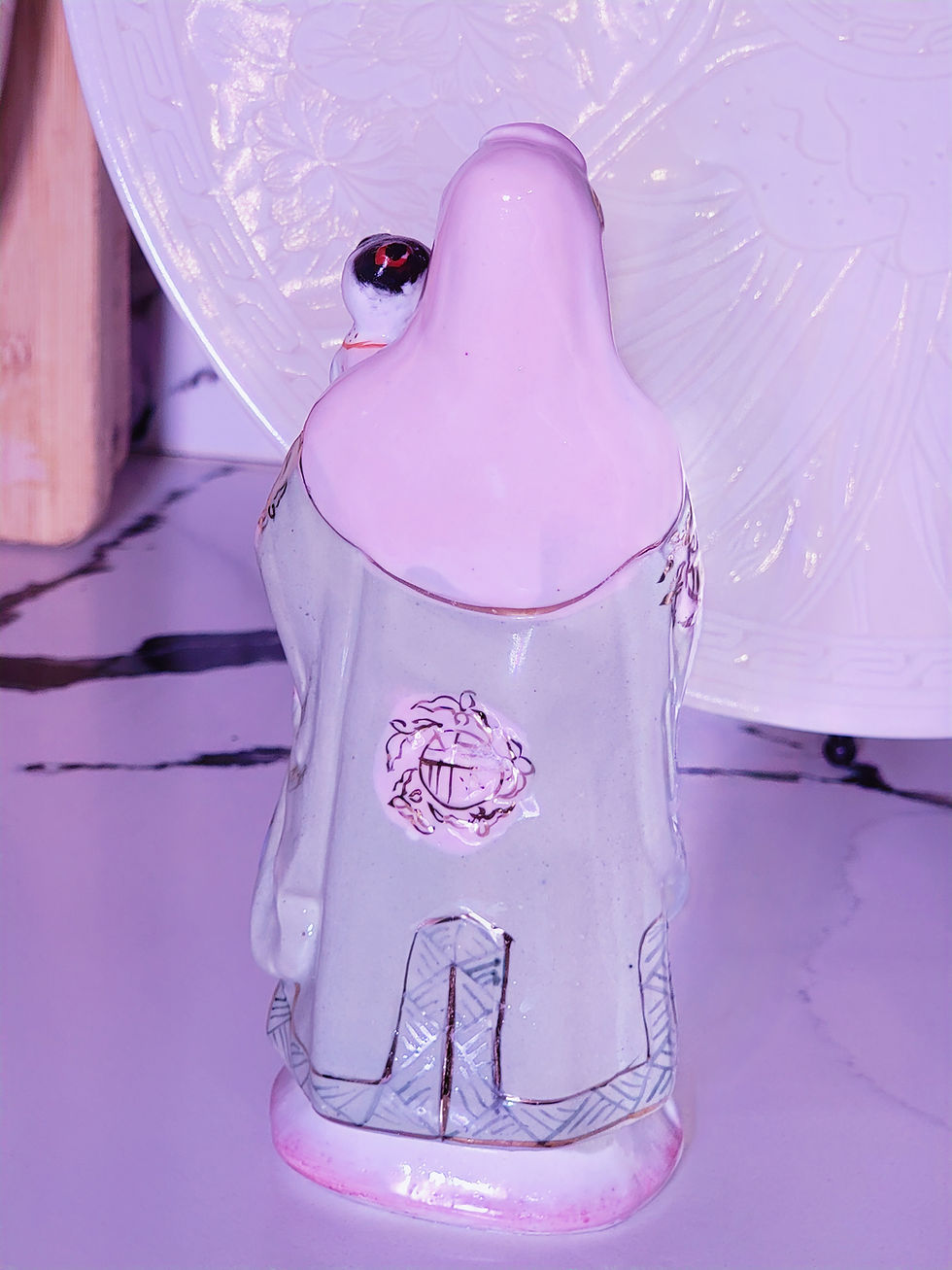 Thumbnail: Antique Pastel Colored Fu, Lu, Shou: Three Star Porcelain Good Luck Statue Set