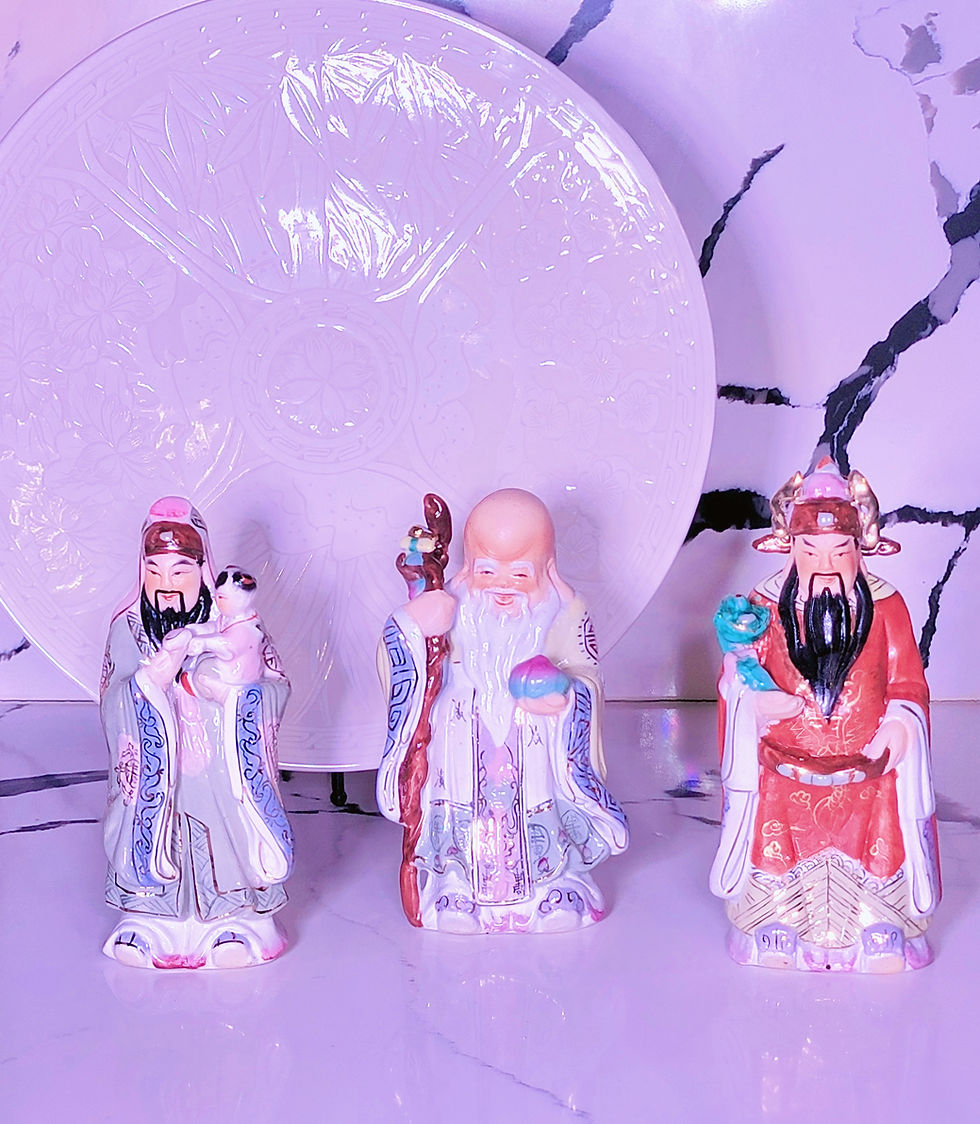 Thumbnail: Antique Pastel Colored Fu, Lu, Shou: Three Star Porcelain Good Luck Statue Set