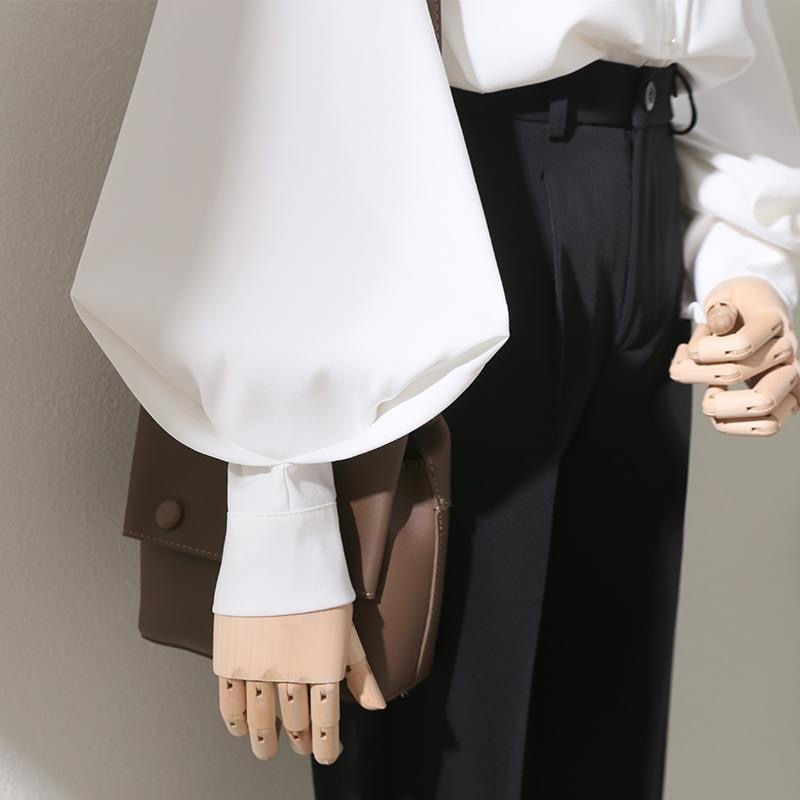 Thumbnail: Aura Grace Balloon Sleeve Blouse – Women's White Mandarin Collar Balloon Sleeve 