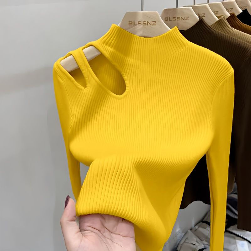 Thumbnail: Aura Élan™ Cut-Out Knit Top | Elegant Ribbed Mock Neck Sweater