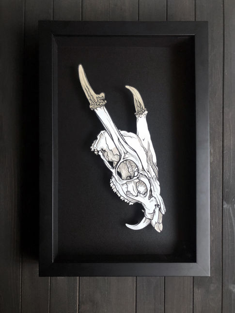 Dimensional paper art of a vampire deer skull, mounted in a custom all-black shadowbox frame