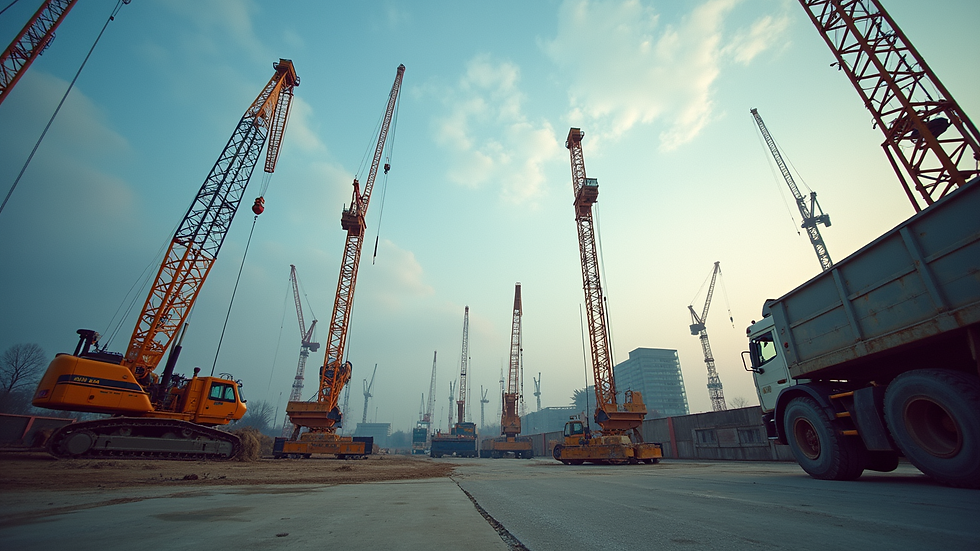 Eye-level view of a construction site with cranes and machinery