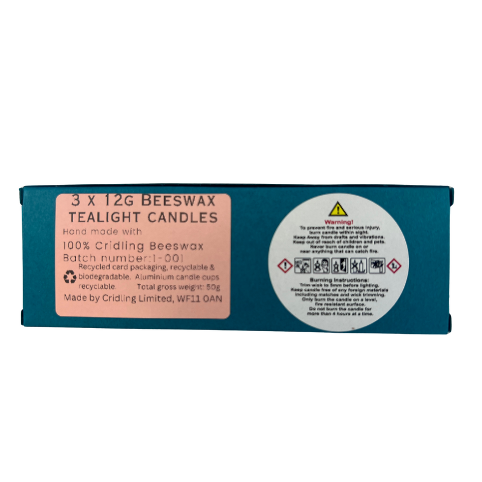 Thumbnail: Reverse of Cridling Beeswax Tealight Candles packaging with information about candles