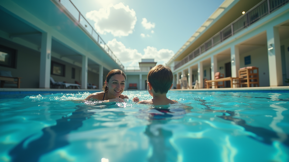 Eye-level view of a swimming pool with a swim instructor teaching a child