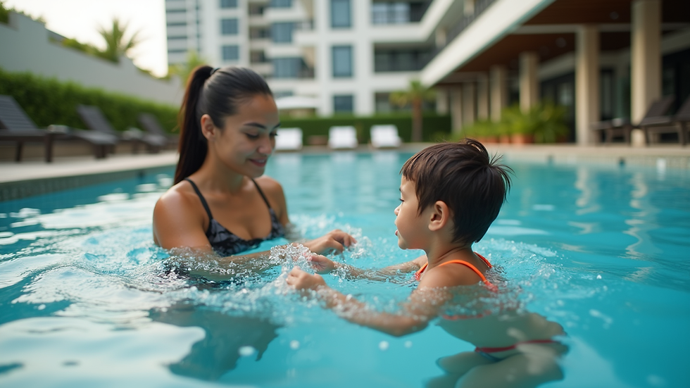 Close-up view of a swimming instructor teaching a child in a condo pool