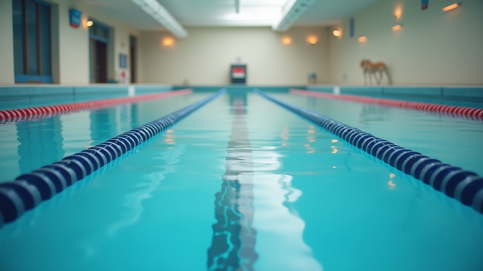 Eye-level view of indoor swimming pool with lane markers