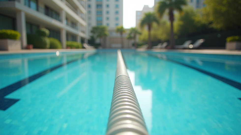 Eye-level view of a private condo swimming pool with clear water and lane markers