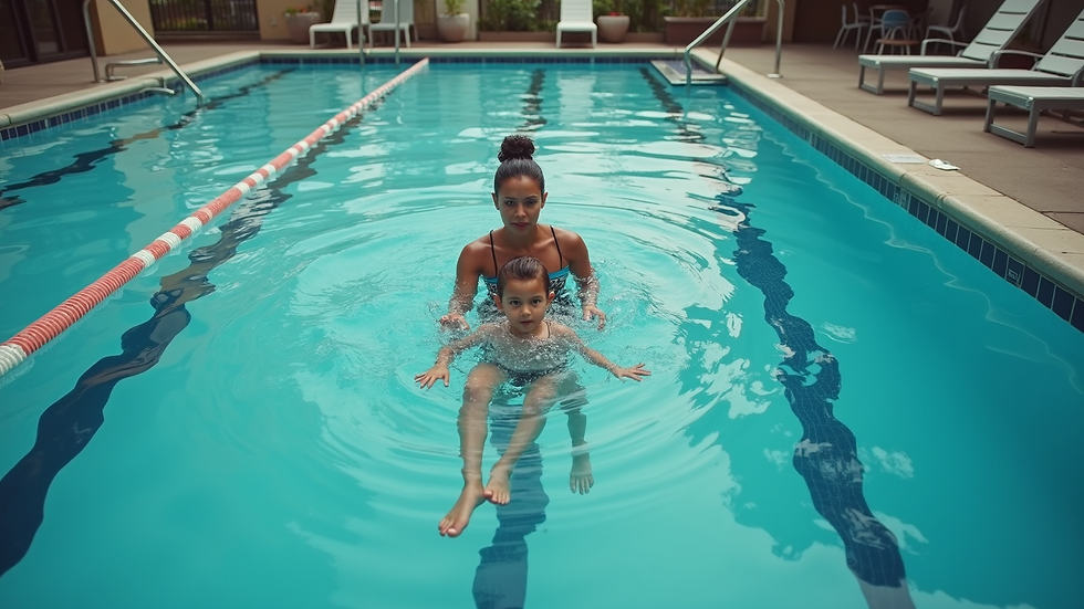 High angle view of a swim teacher guiding a child in a condo pool