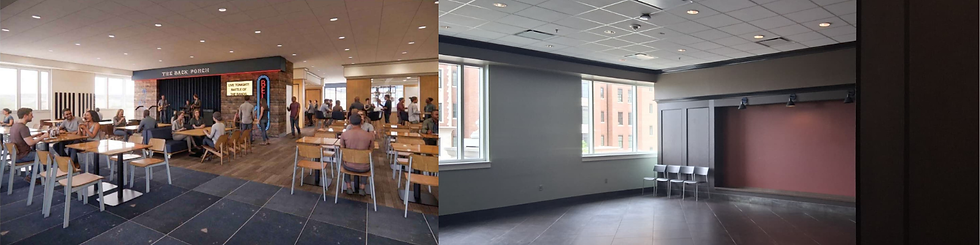 Left: Rendering of the open floor plan and the stage. (Provided by Keith Chapman) Right: The area where the stage will be as it is currently. (Olivia Abernathy)