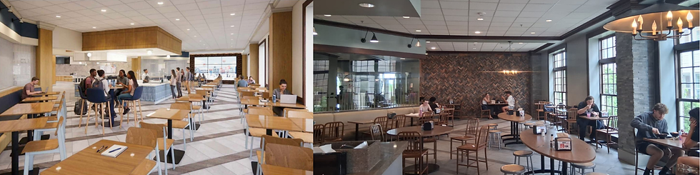 Left: An LED wall, comprised of TV screens, will be added to one of the walls of the cafeteria. (Provided by Keith Chapman) Right: The same area of the cafeteria as it is now. (Olivia Abernathy)