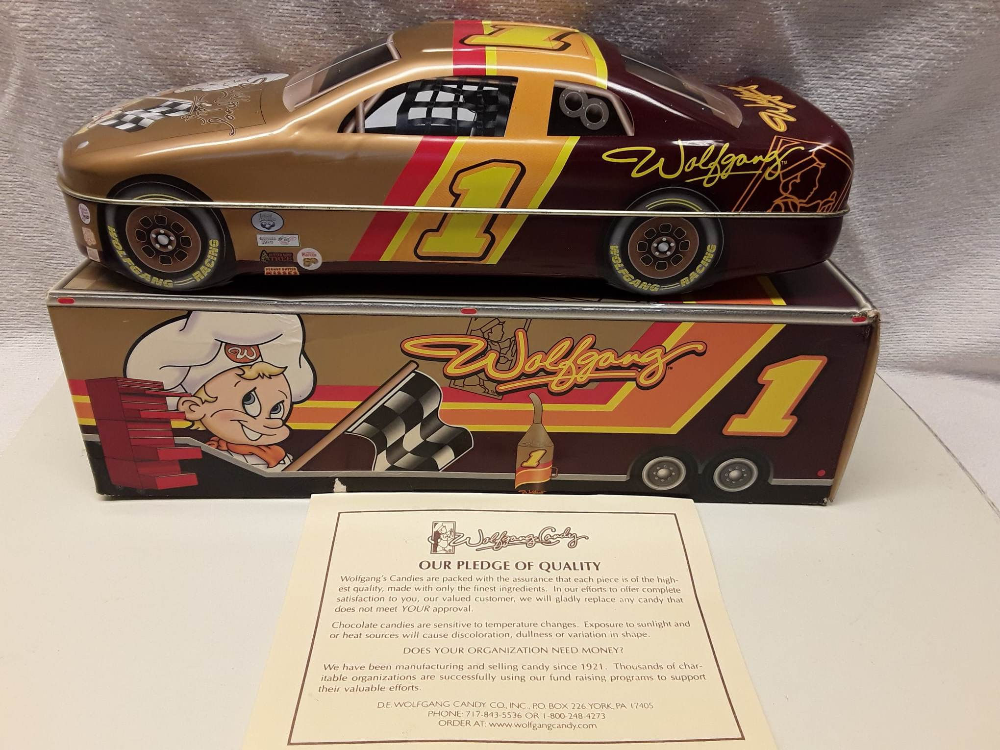 Wolfgang candy race car tin w/ Box