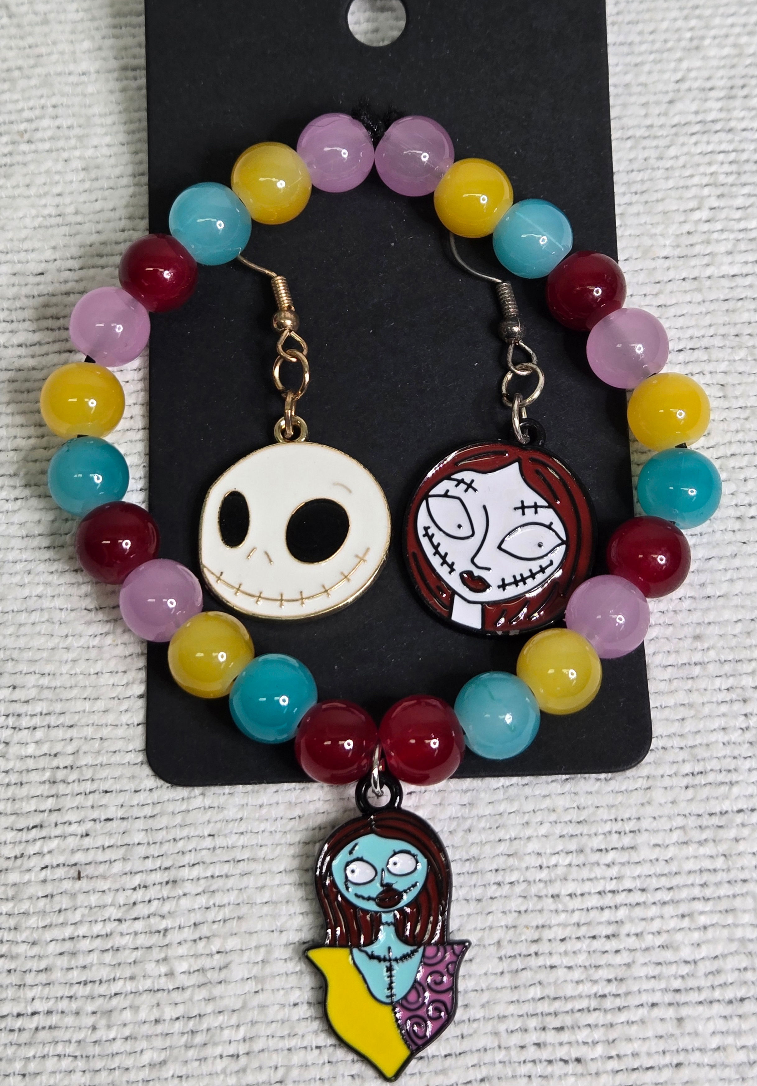 Jack Skellington And Sally Earrings w/ Glass Beaded Sally Bracelet