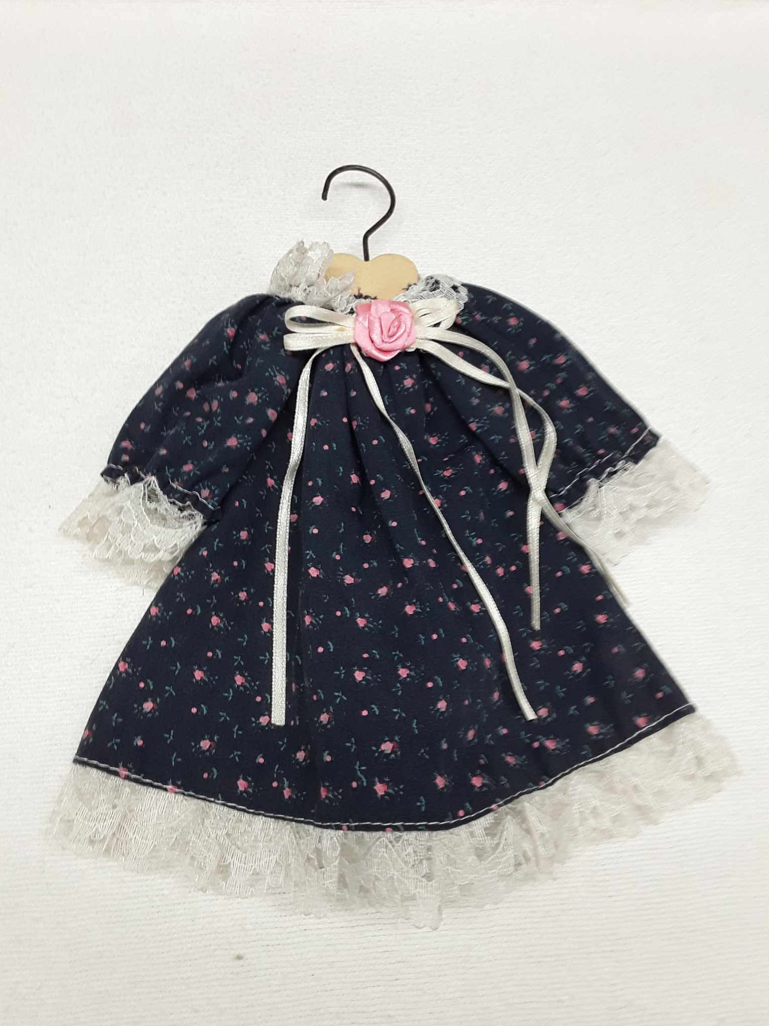Blue Floral Doll Dress w/ Pink Rose & Hanger, Size: 6" Tall