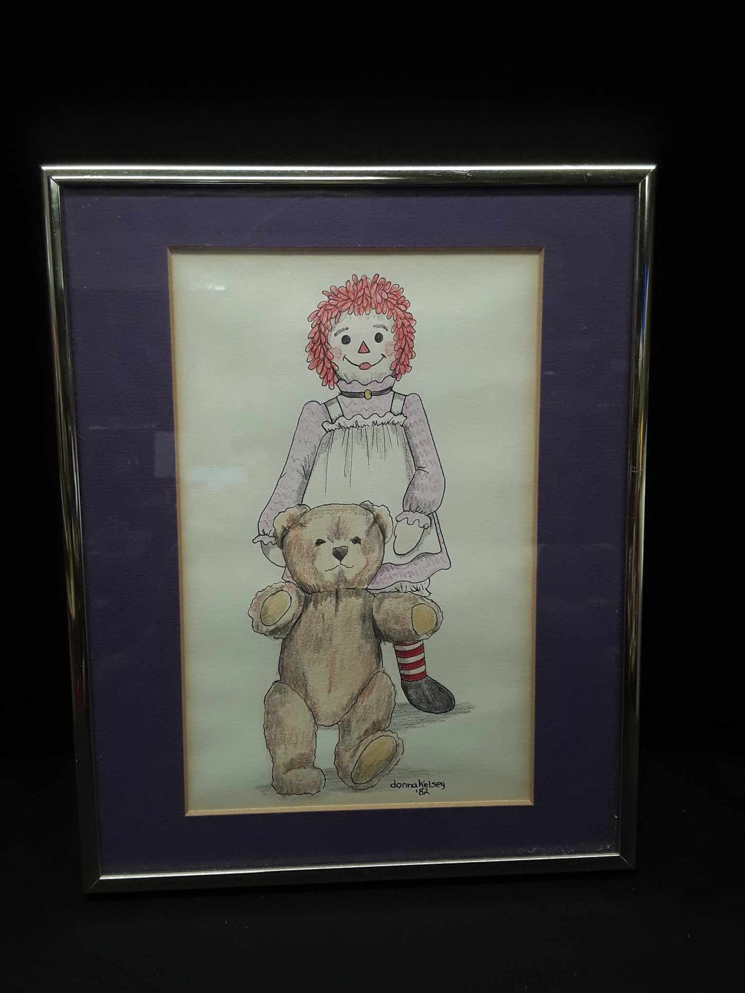 Raggedy Ann w/ Teddy Bear  by Donna Kelsey 1982 Art Work