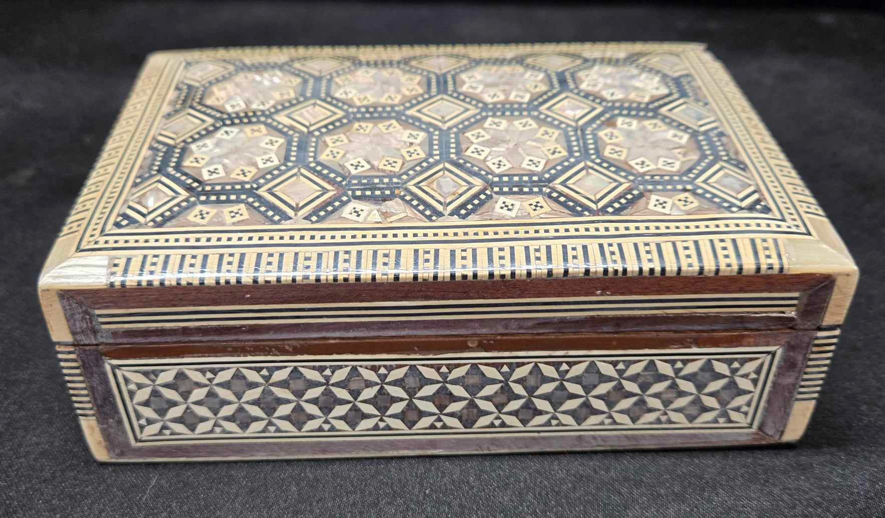 Egyptian Marquetry Mother of Pearl & Wooden Rectangle Trinket Box