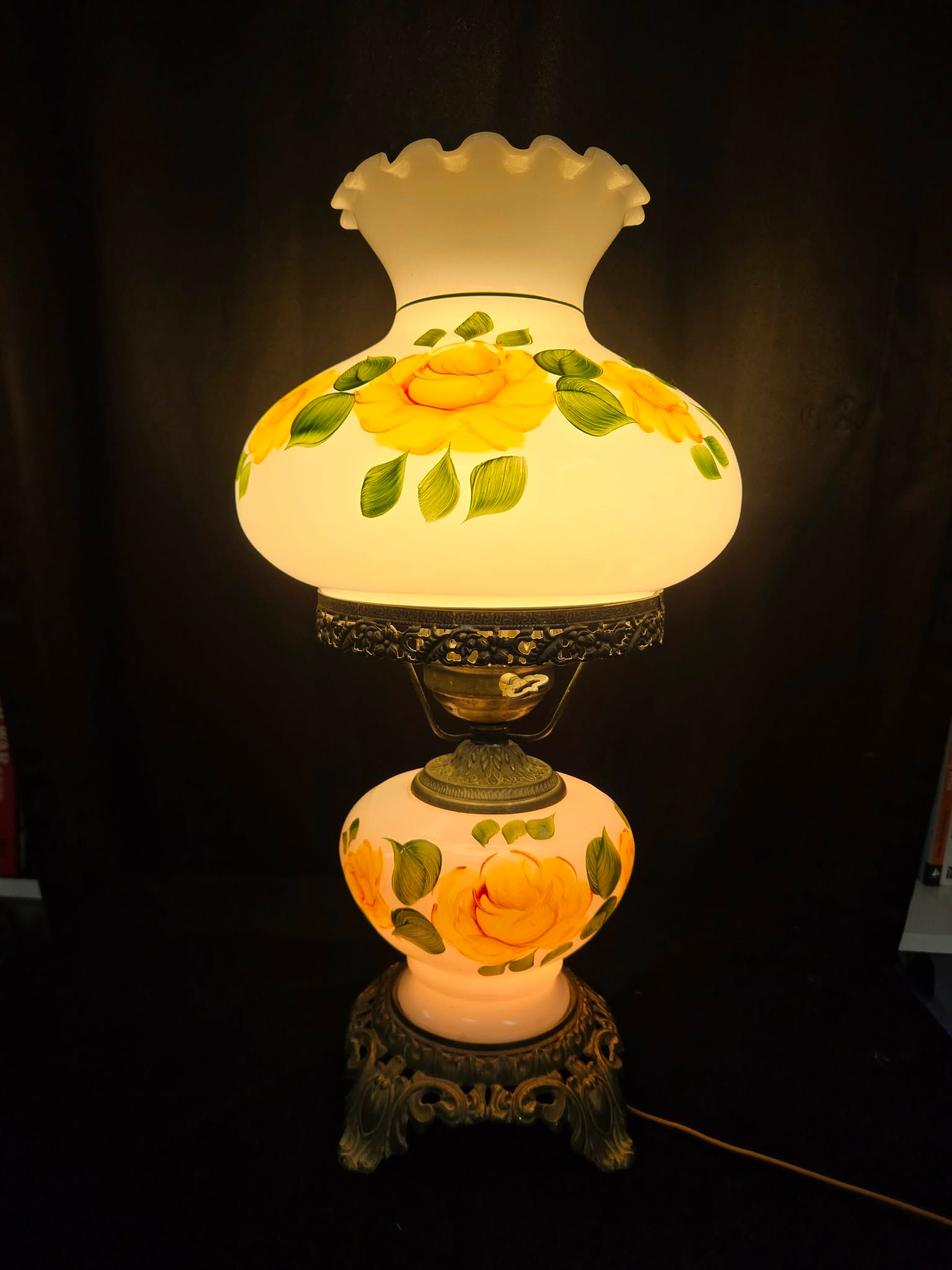 Vintage Lamp Hand Painted Floral Design w/ 2-way Turn For Top & Bottom Lights