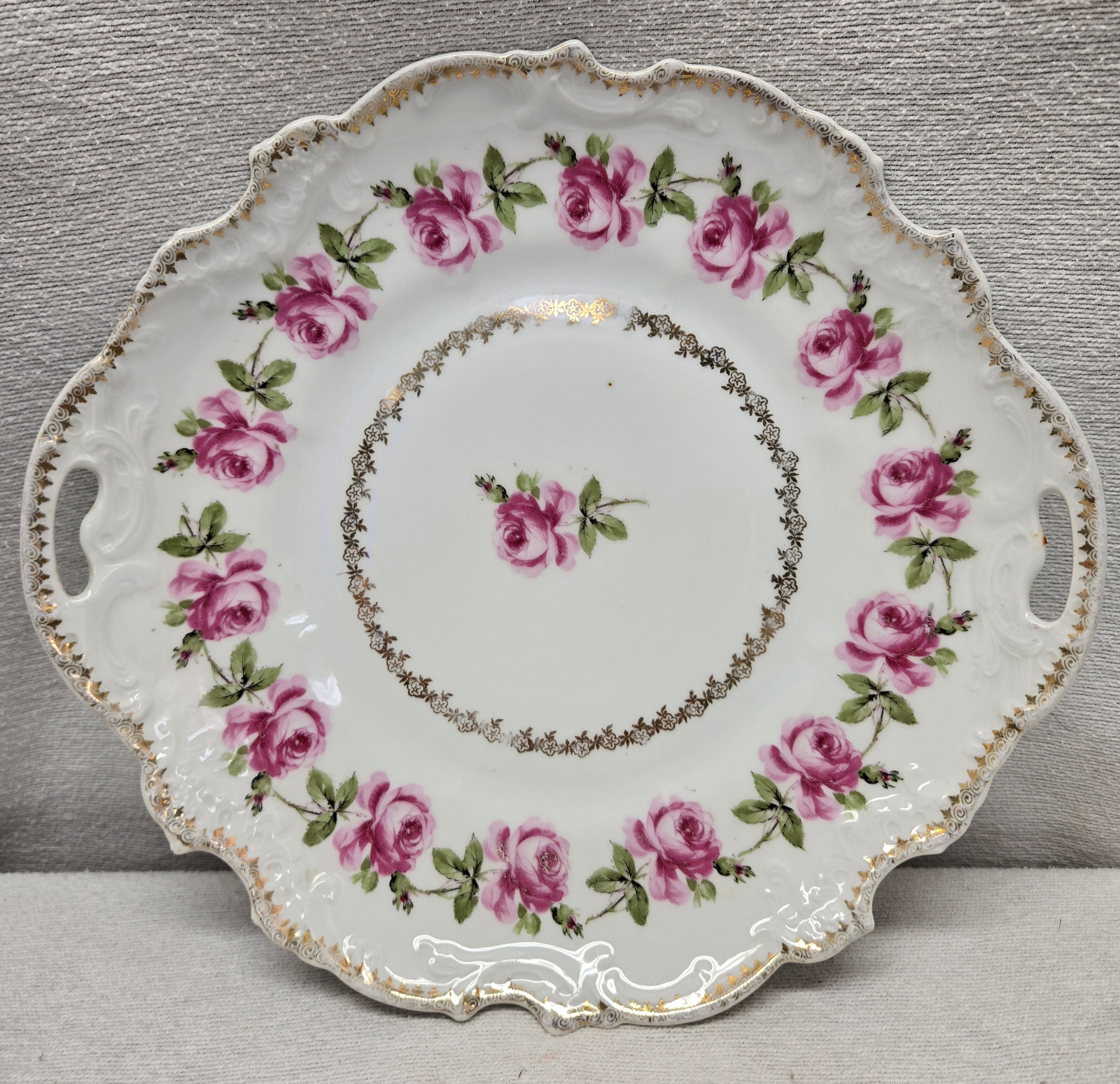 Bavarian Porcelain Dessert Plate, Scalloped Edges w/ Handles Pink Roses w/Green