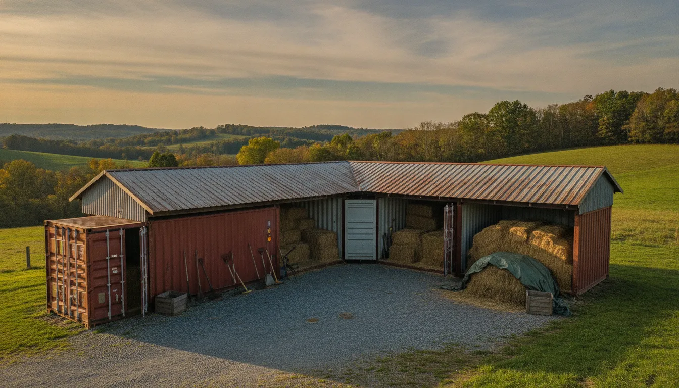 Shipping container barn beside a gravel pad on a Pennsylvania farm