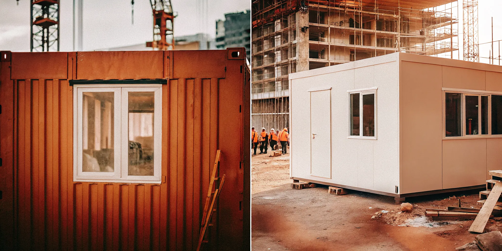Side-by-side comparison of a shipping container office conversion and a traditional commercial construction site