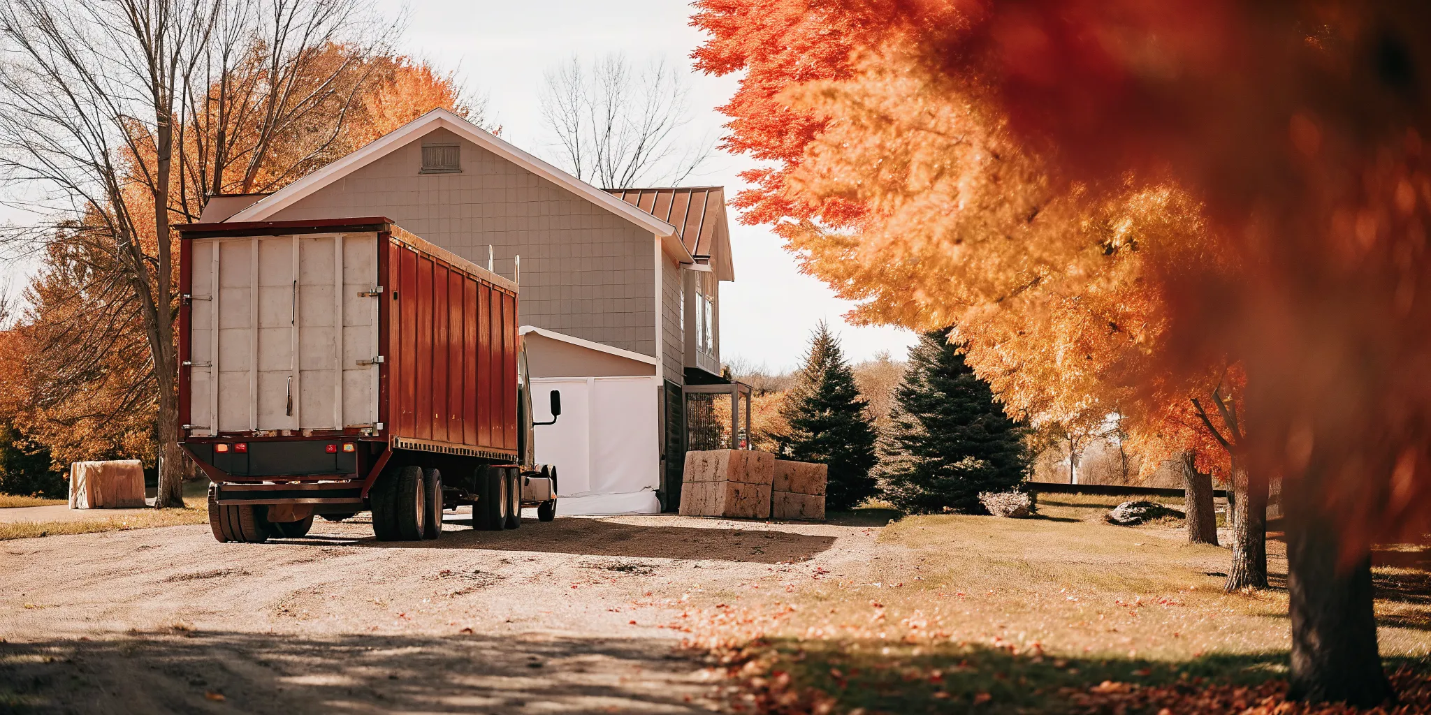 Tilt-bed delivery truck on a gravel driveway preparing for shipping container placement on a Pennsylvania property