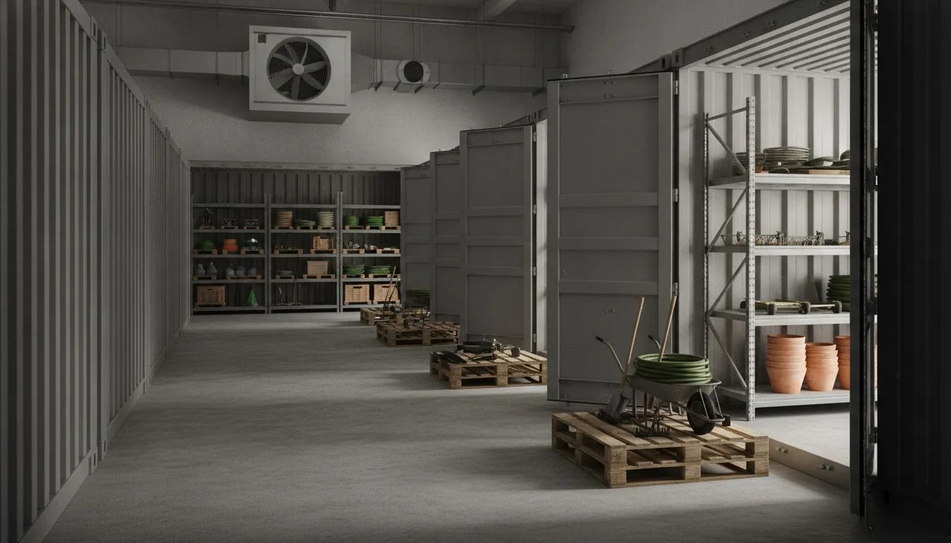 Organized shipping container shed interior with shelving and raised storage
