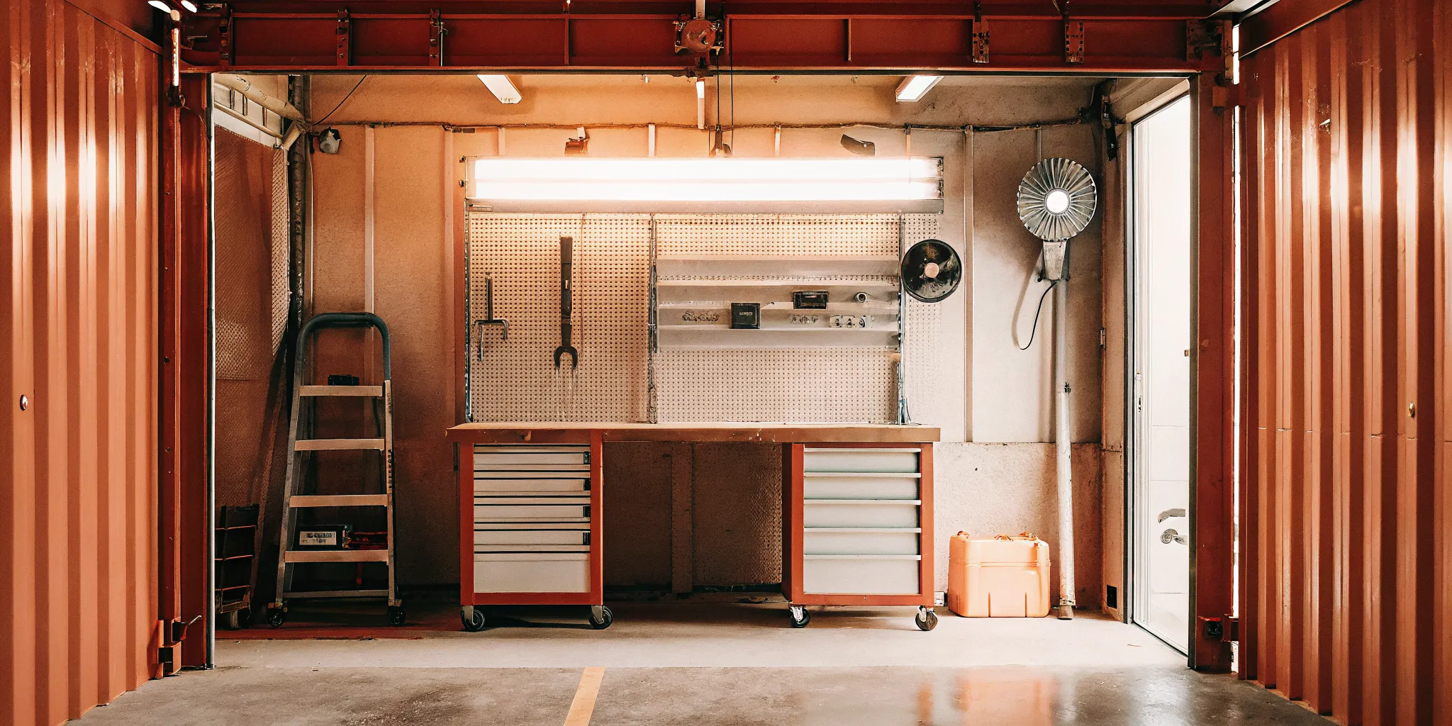 Shipping container workshop layout with workbench, tool storage, lighting, and ventilation