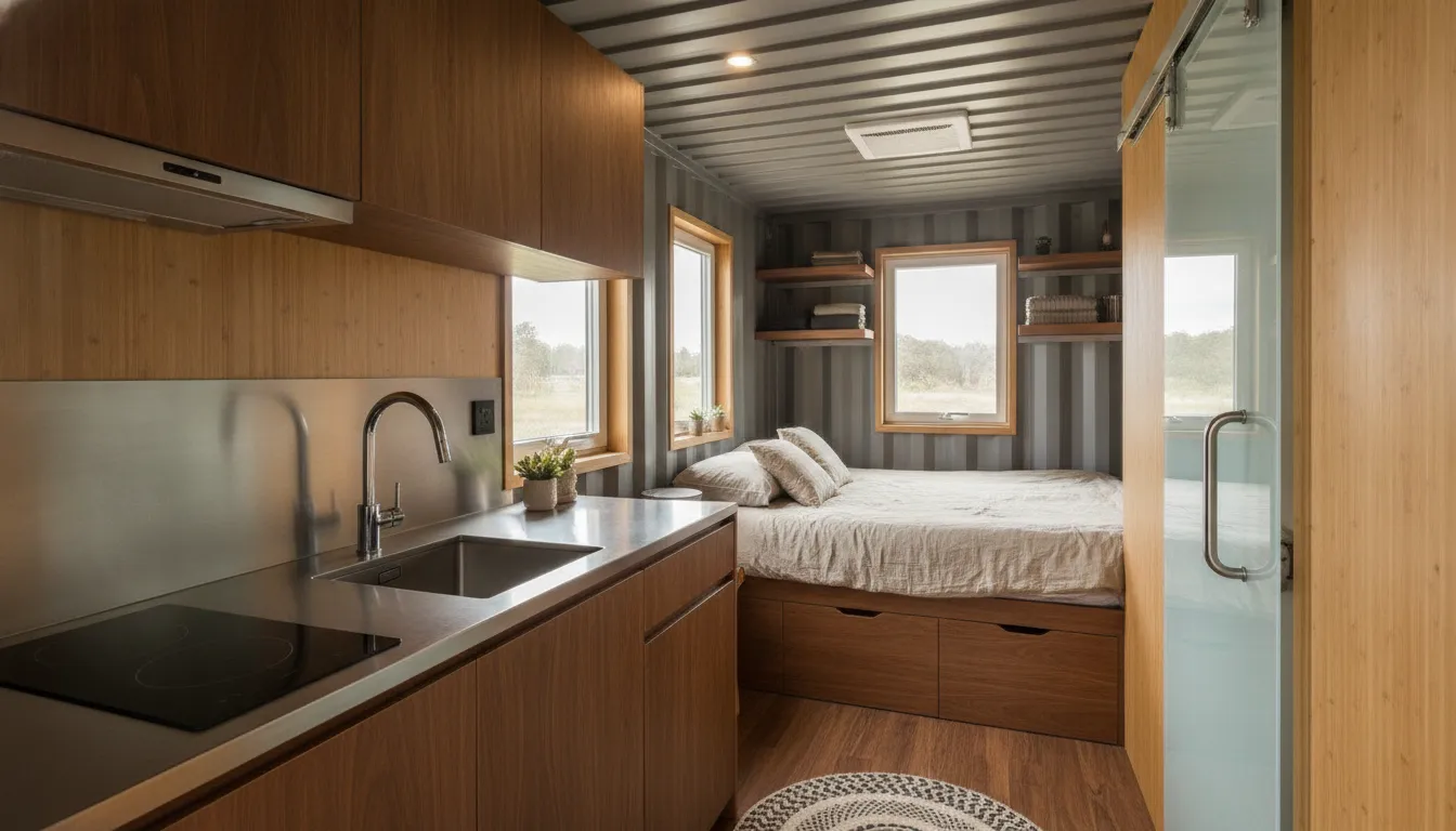 Compact 20ft shipping container home interior with a planned kitchen and sleeping zone