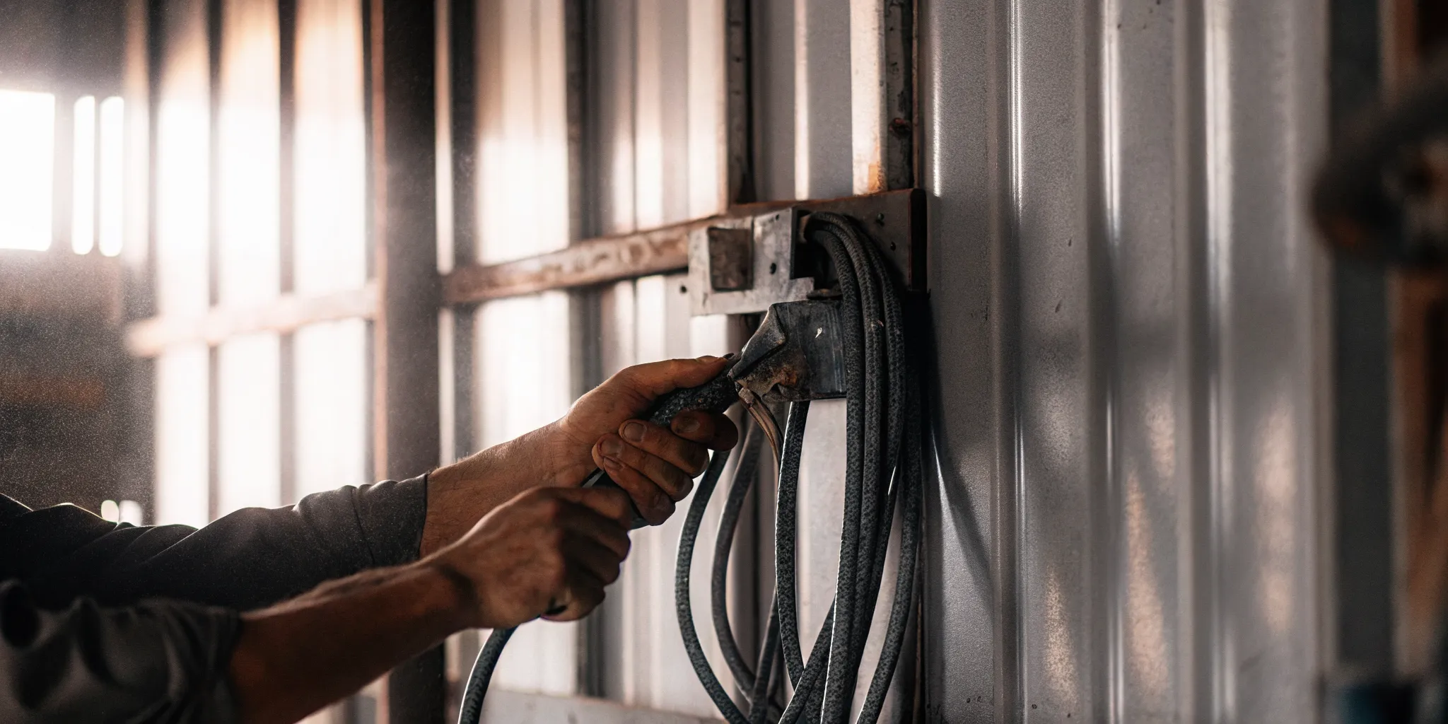 Metal junction box and conduit mounted on the corrugated steel wall of a shipping container