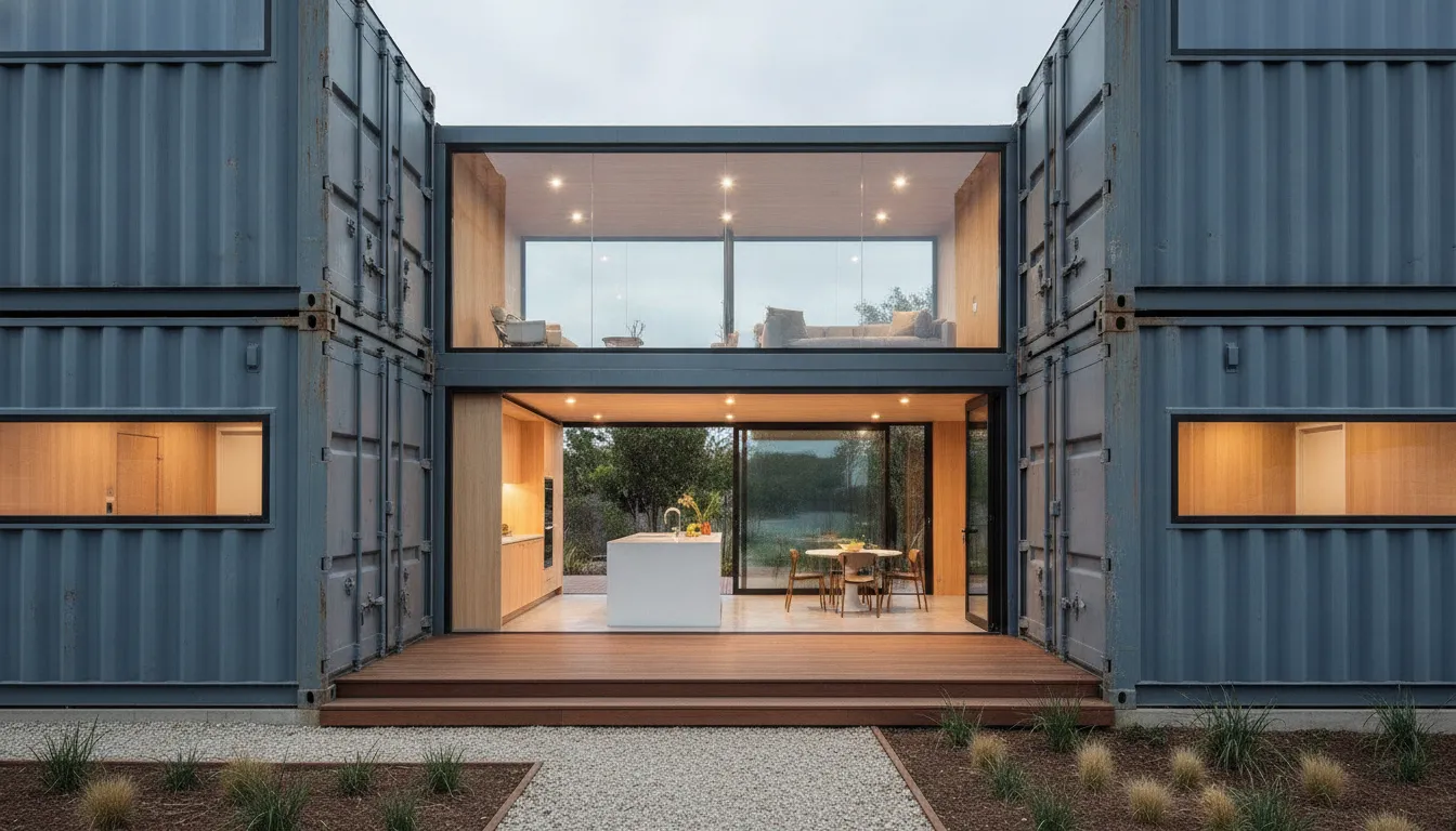 Multi-container shipping container home layout with connected living spaces