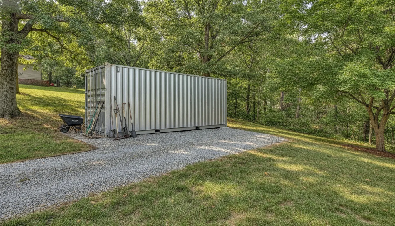 Shipping container shed on a prepared backyard gravel pad with delivery access