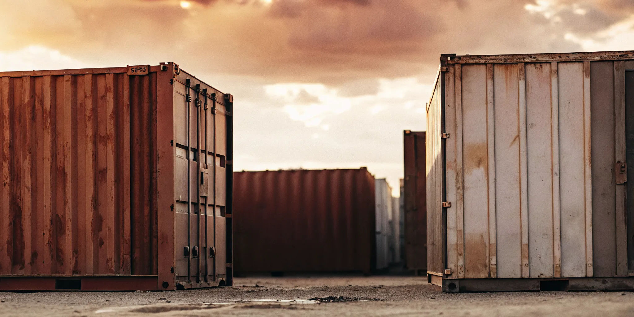 Used cargo-worthy and wind-and-watertight shipping containers compared in a container yard