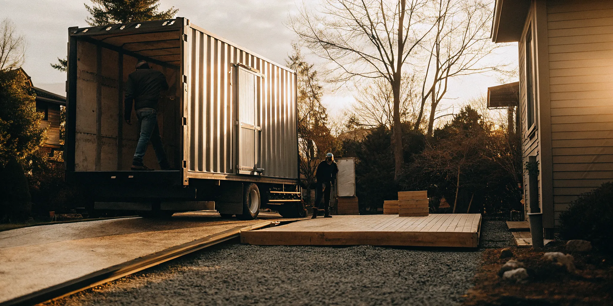 Shipping container delivery being placed on a residential site in Pennsylvania by Mann's Cans