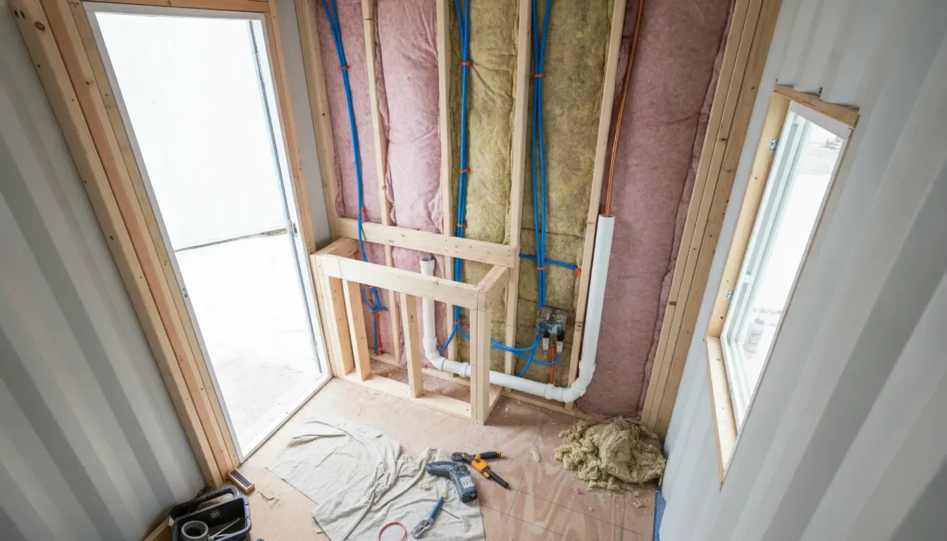 Shipping container tiny home utility routing through framed walls and a wet core