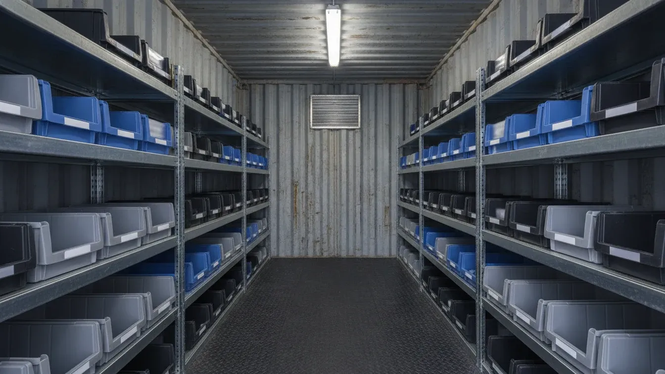 Shipping container interior with shelving, bins, ventilation, and practical lighting
