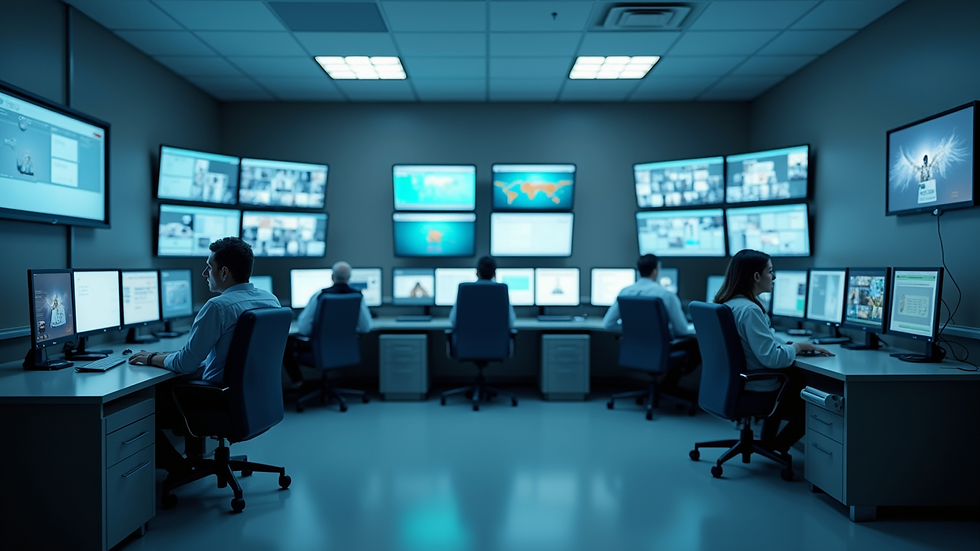 High angle view of hospital security control room with multiple monitors