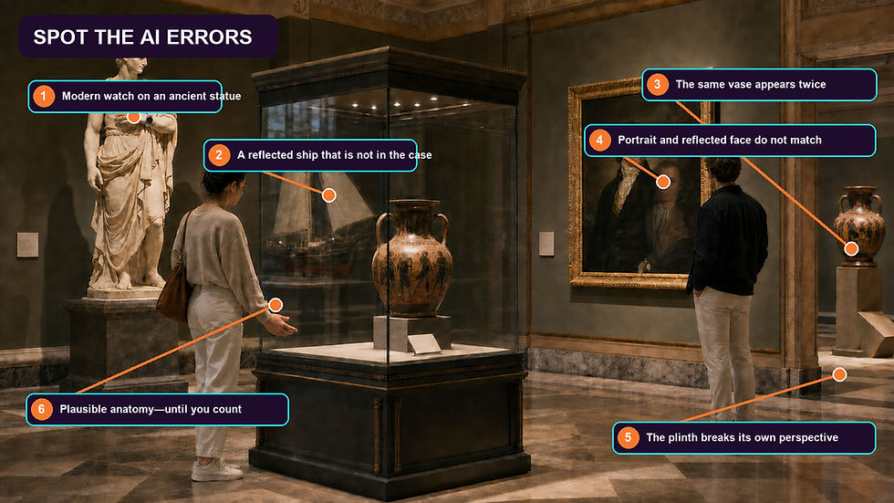 Annotated AI-generated museum scene highlighting a modern watch on an ancient statue, contradictory reflections, duplicated artefacts, implausible anatomy and broken perspective.